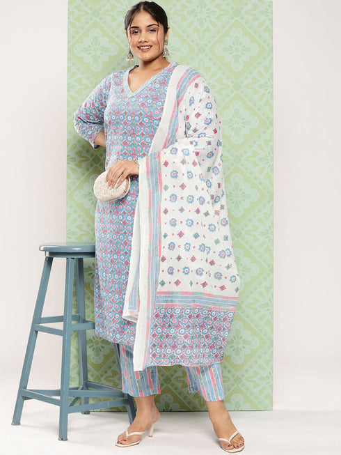Women Plus Size Blue Pure Cotton Kurta Set With Dupatta